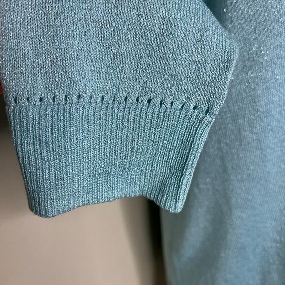 Chico's Cardigan Sweater MEDIUM Turquoise Button Metallic Knit 3/4 Sleeve NEW - Picture 5 of 9